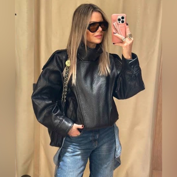 Zara Jackets & Blazers - Zara Faux Black Leather-Effect Oversized Biker Jacket